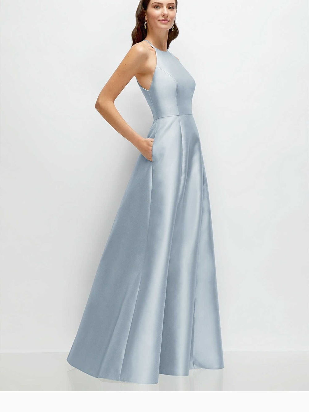 Alfred Sung jewel neck halter full A-line satin maxi dress - Picture 3 of 9